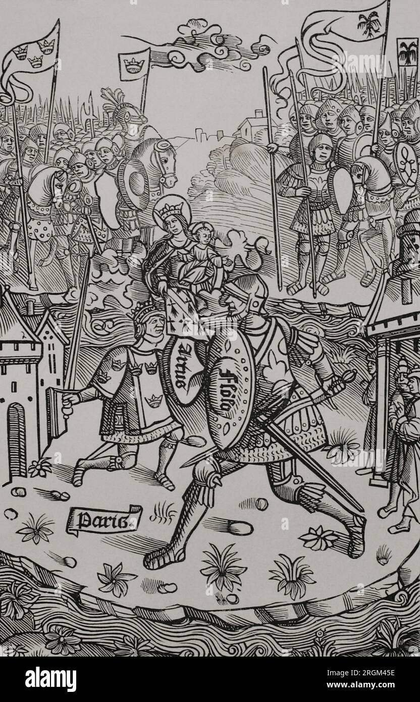 König Artus kämpft gegen den Riesen, unter dem Schutz der Jungfrau. Faxe aus dem 19. Jahrhundert nach Gravur in 'Chroniques de Bretagne', 1514. "Vie Militaire et Religieuse au Moyen Age et à l'Epoque de la Renaissance". Paris, 1877. Stockfoto