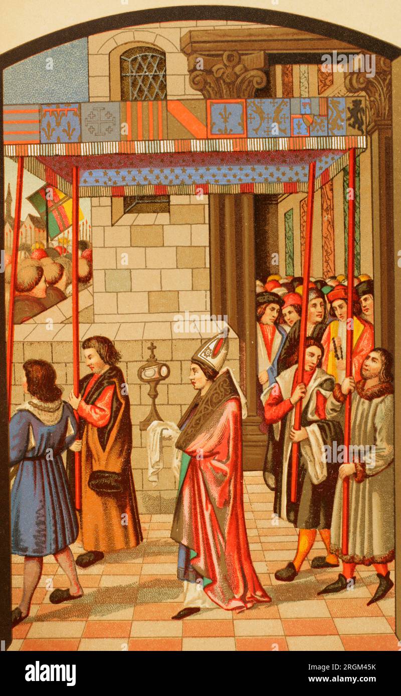 Prozession von René I von Anjou (1409-1480), König von Neapel, in Aix-en-Provence. Darstellung der Prozession des gesegneten Sakraments. Der Erzbischof von Aix-en-Provence trägt das gesegnete Sakrament unter einem Baldacchino, vor König René und seinem Hof. Chromolithographie aus einer Miniatur der "Breviary du ROI René", 15. Jahrhundert. "Vie Militaire et Religieuse au Moyen Age et à l'Epoque de la Renaissance". Paris, 1877. Stockfoto