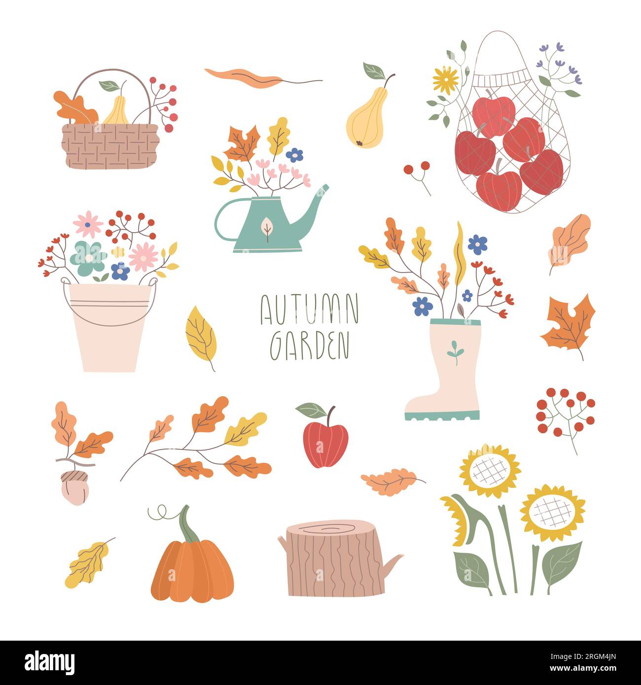 Vector Fall Garten Blumen Kompositionen Set. Herbsterntfest, Körbe mit Pflanzen, Obst, Sonnenblumen für Karten, Banner, Poster. Stock Vektor