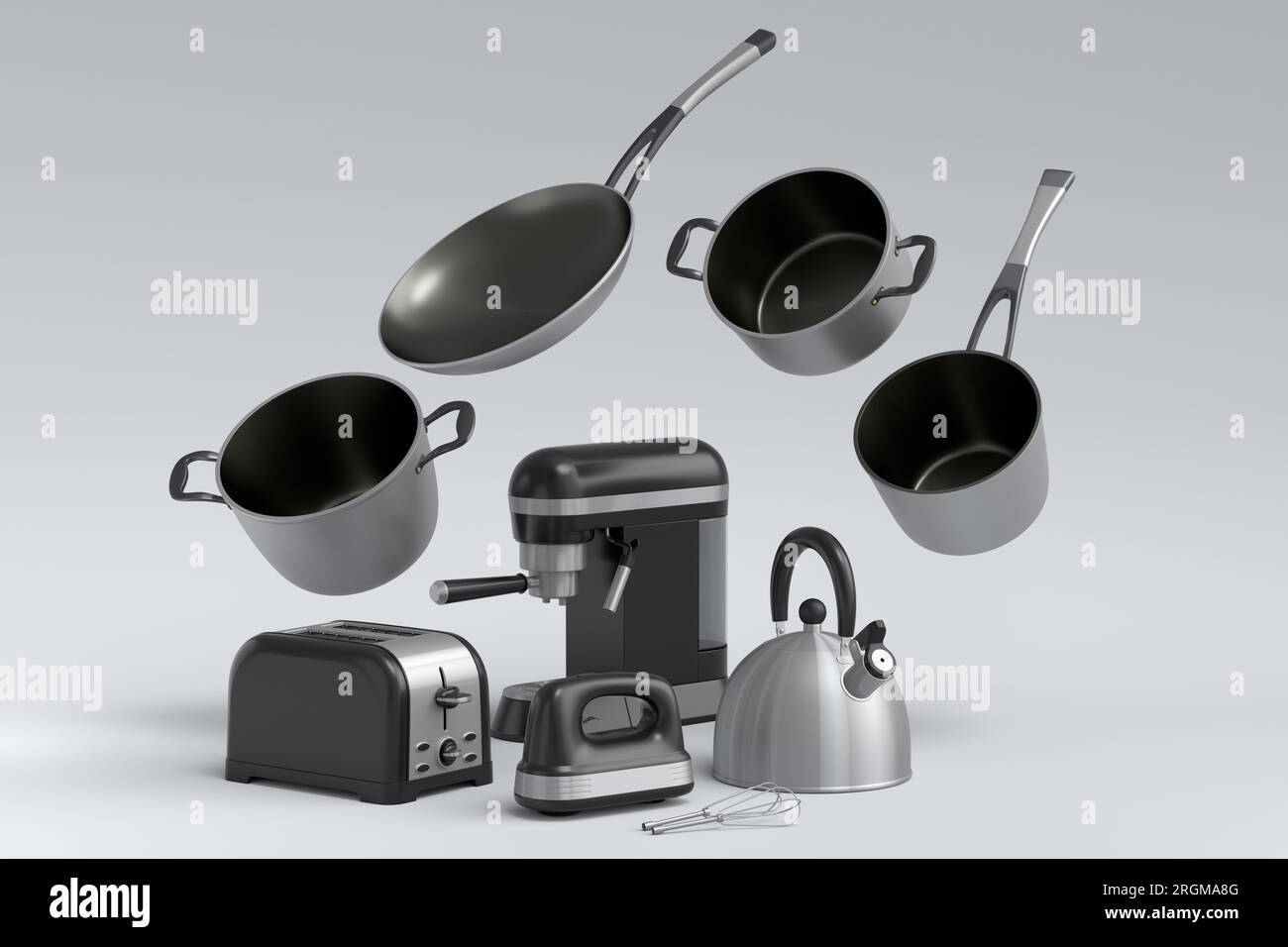 Espressomaschine, Handmixer, Wasserkocher und Toaster für die Zubereitung des Frühstücks auf weißem Hintergrund. 3D Render der Kaffeekocher für Latte-Kaffee Stockfoto