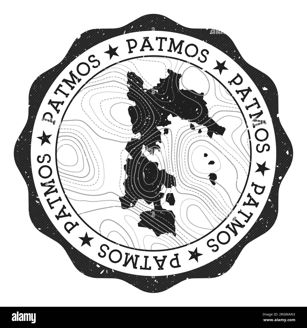 Patmos-Außenstempel. Runder Aufkleber mit Karte der Insel mit topografischen Isolinien. Vektordarstellung. Kann als Abzeichen, Logo, Label oder Sticker verwendet werden Stock Vektor