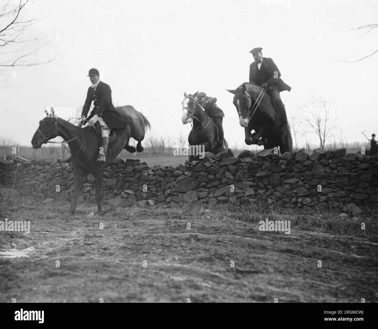 Upperville Fuchsjagd, Pferde springen über eine Hecke. 1921 Stockfoto