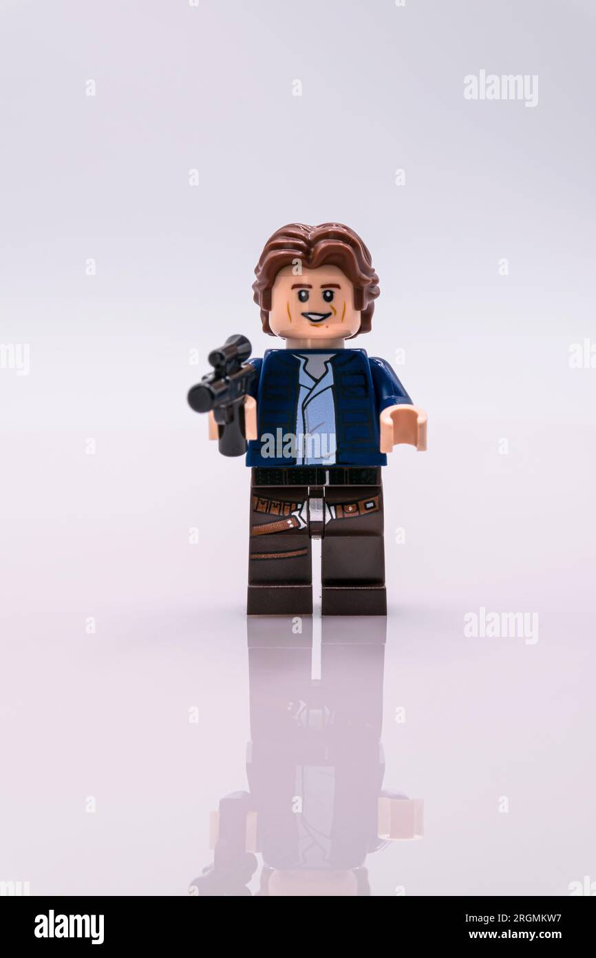 Star Wars Han Solo lego-Minifigurierspielzeug mit Reflexion Stockfoto