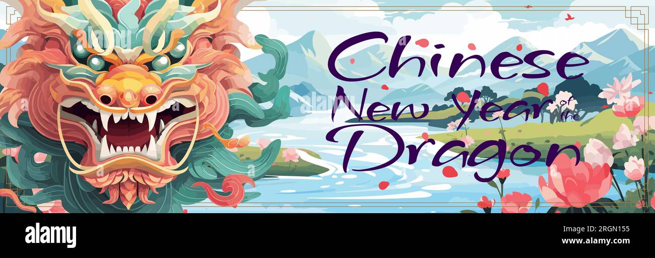 Horizontales Banner für das chinesische Neujahr 2024. Chinesischer Drache mit Schriftzug auf Naturhintergrund. Asiatisches Festival-Poster. Grußkarte für kreative Kunsttypografie. Orientalische Mythos-Schlange. Mondsymbol Stock Vektor