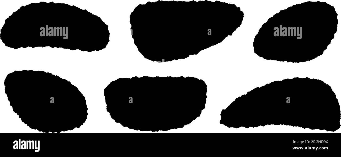Ein Satz zerrissener Papierstücke. Schwarze gebogene Formen mit gezackten Kanten. Gerissene ovale Silhouetten Kollektion. Strukturiertes Grunge-Element-Paket für Collage, Textfeld, Banner, Aufkleber. Vektordarstellung Stock Vektor