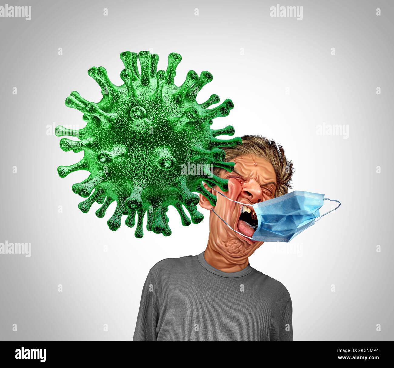 Neuer Virenausbruch trifft ein Opfer mit einer Infektion als Coronavirus oder Covid-Angriff als starke schmerzhafte Grippekrankheit mit 3D Illustrationselementen. Stockfoto