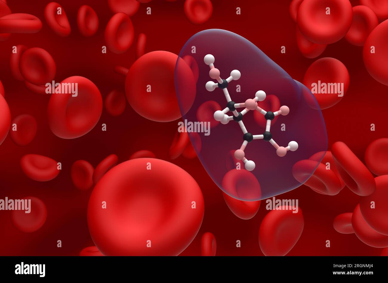 Vitamin-C-(Ascorbinsäure-)Struktur im Blutstromball und Stabnahmeansicht 3D-Illustration Stockfoto