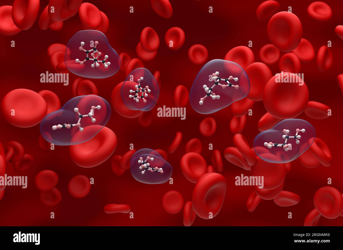 Vitamin-C-(Ascorbinsäure-)Struktur im Blutstromball und Stick-isometrische Ansicht 3. Illustration Stockfoto