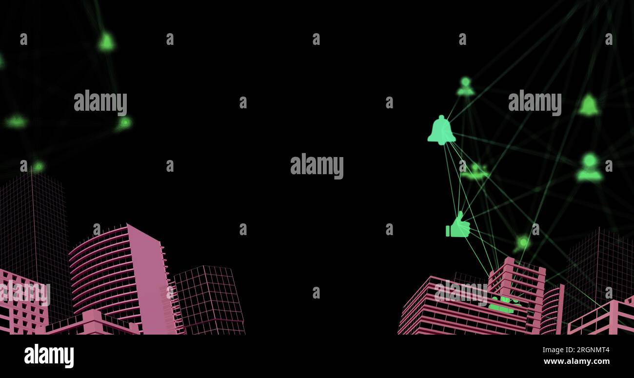Bild eines digitalen Netzwerks von Verbindungen mit Symbolen über dem pinkfarbenen Stadtbild aus dem jahr 2D Stockfoto