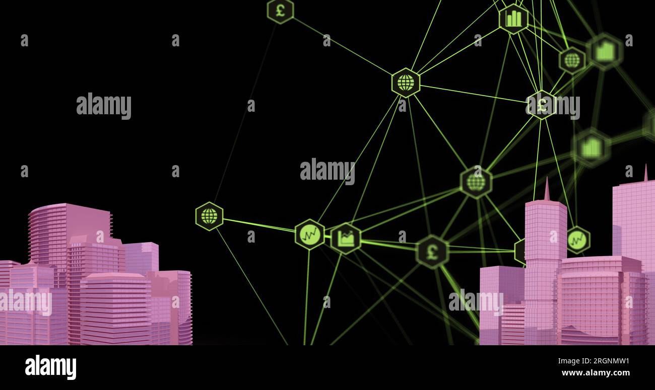 Bild eines digitalen Netzwerks von Verbindungen mit Symbolen über dem pinkfarbenen Stadtbild aus dem jahr 2D Stockfoto