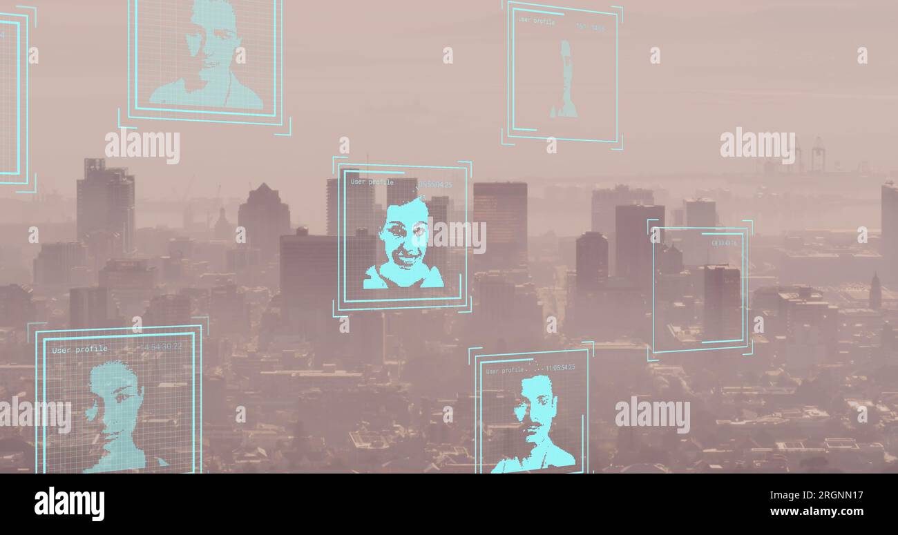 Bild biometrischer Fotos und Datenverarbeitung über Stadtlandschaft Stockfoto