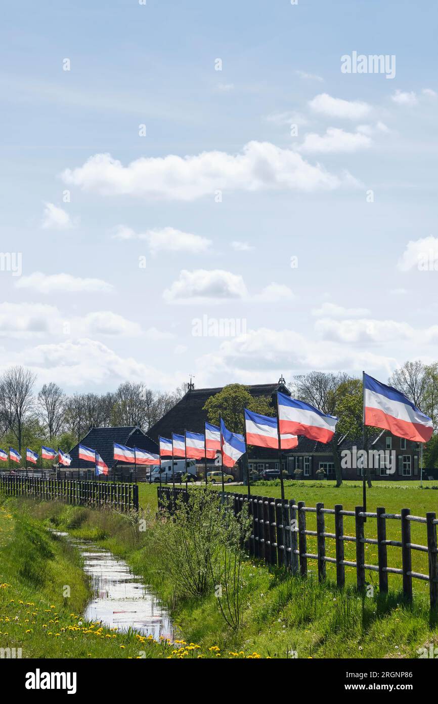 Eine Reihe von niederländischen rot-weißen und blauen umgedrehten Flaggen in den Niederlanden. Proteste gegen einen erzwungenen Rückgang der Viehbestände aufgrund von CO2-Emissionen. Stockfoto