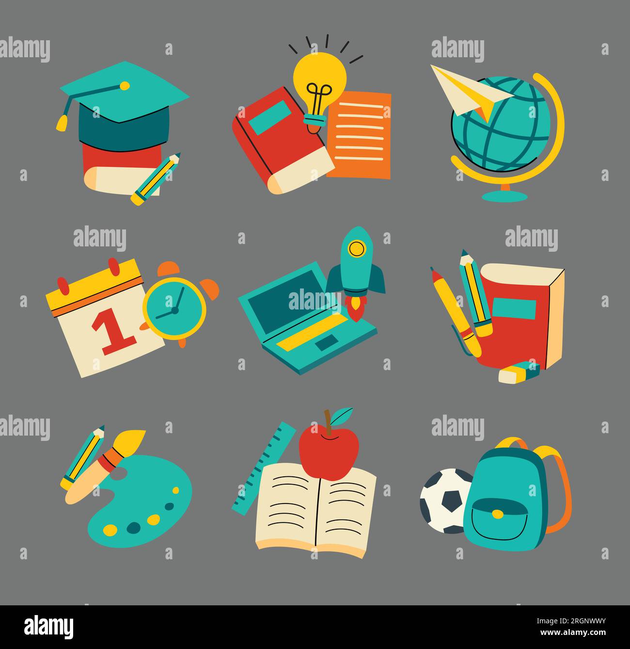 Back-to-School-Sticker-Set-Style. Bildung handgezeichnete Objekte und Symbole. Stock Vektor