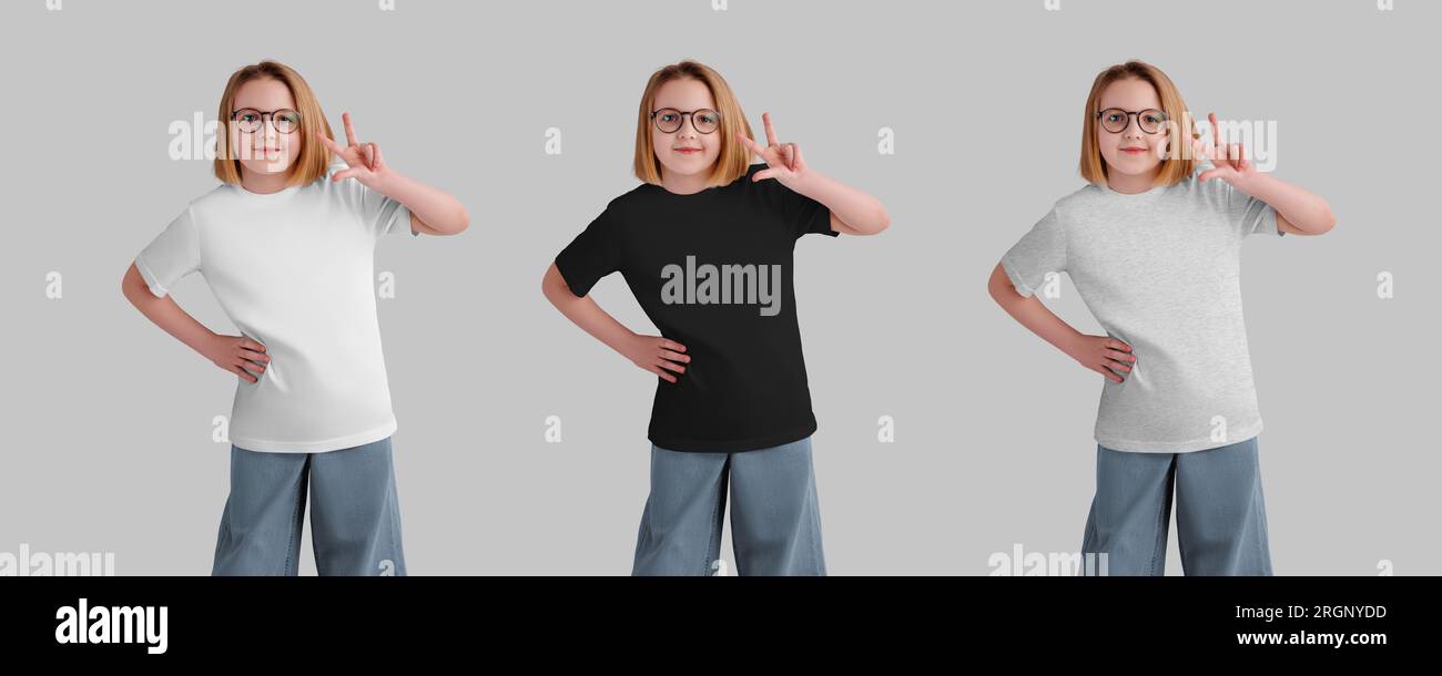 Weiß, schwarz, Heather-T-Shirt-Vorlage für Kinder auf einem lächelnden Mädchen in Brille, Jeans, knielanger Vorderseite, Kleidungsstücke für Design. Ein Set Sommershirts, Modell Stockfoto