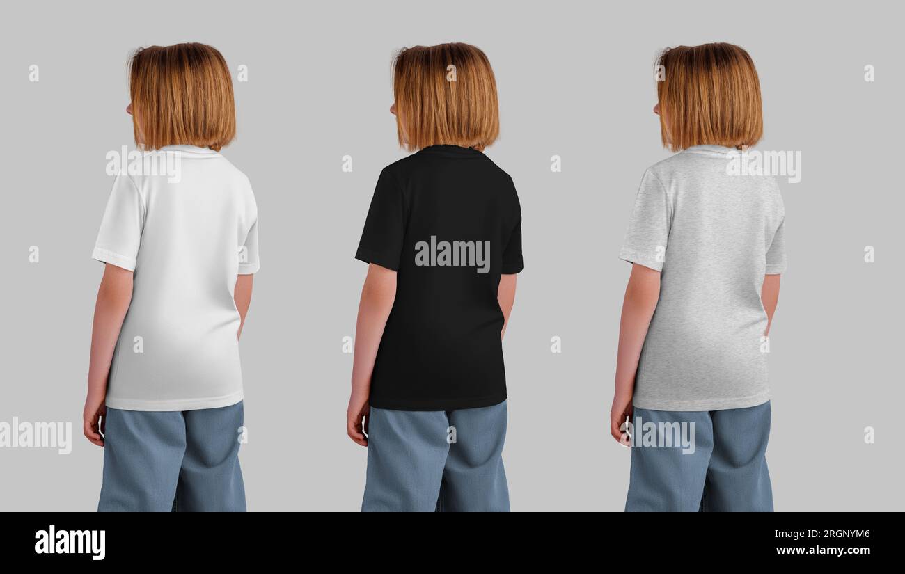 Rückansicht Bekleidungsset, Modell aus weißen, schwarzen, melierten T-Shirts für ein Mädchen mit kurzen Haaren, Kinderkleidung isoliert im Hintergrund. Produktfotografie für Stockfoto