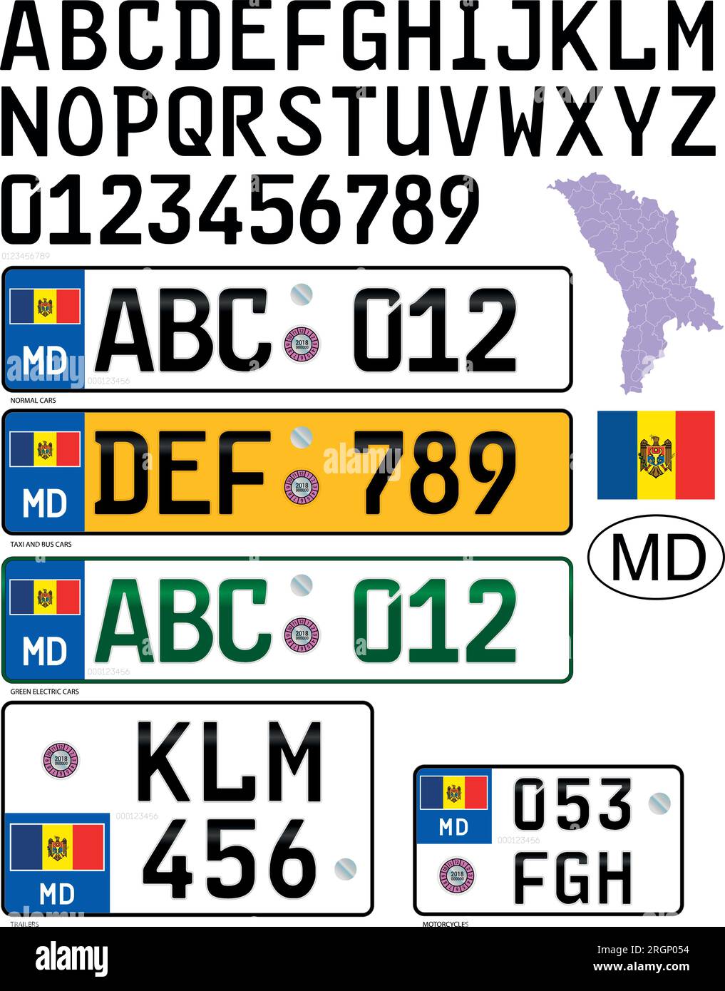Moldauisches Auto und verschiedene Nummernschilder, Buchstaben, Zahlen und Symbole, Vektorbilder, Europa Stock Vektor