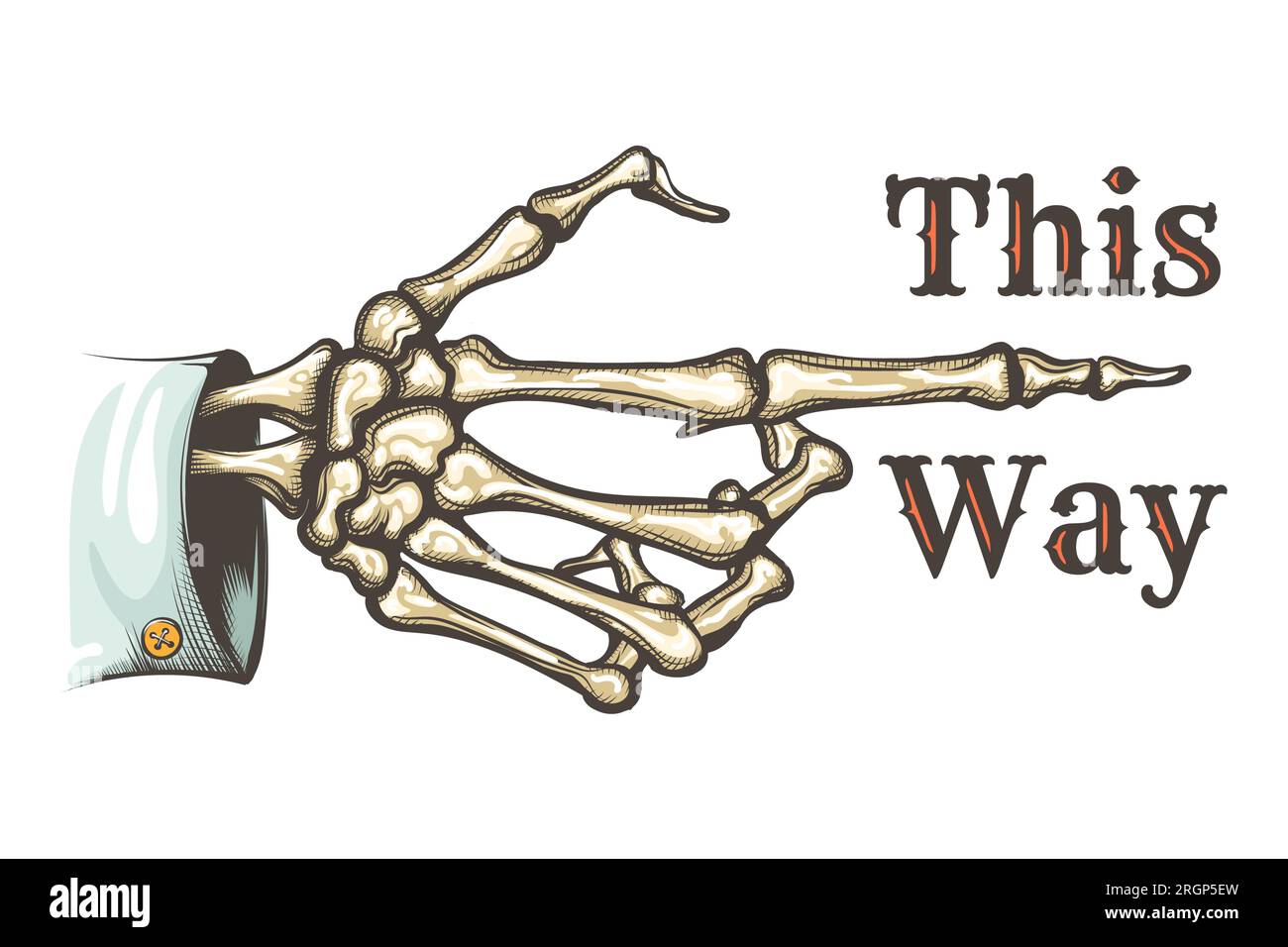 Eingravieren eines farbigen Tätowierens mit der Hand des gedeuteten Skeletts mit der Schrift auf dieser Art isoliert auf weiß. Vektordarstellung Stock Vektor