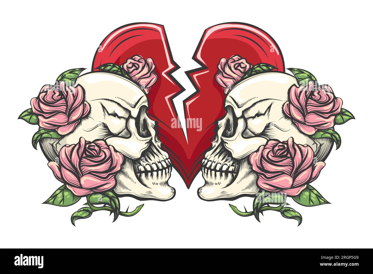 Eingravierende farbige Tätowierung zweier Schädel in Rosen und gebrochenes Herz isoliert auf weiß. Vektordarstellung Stock Vektor