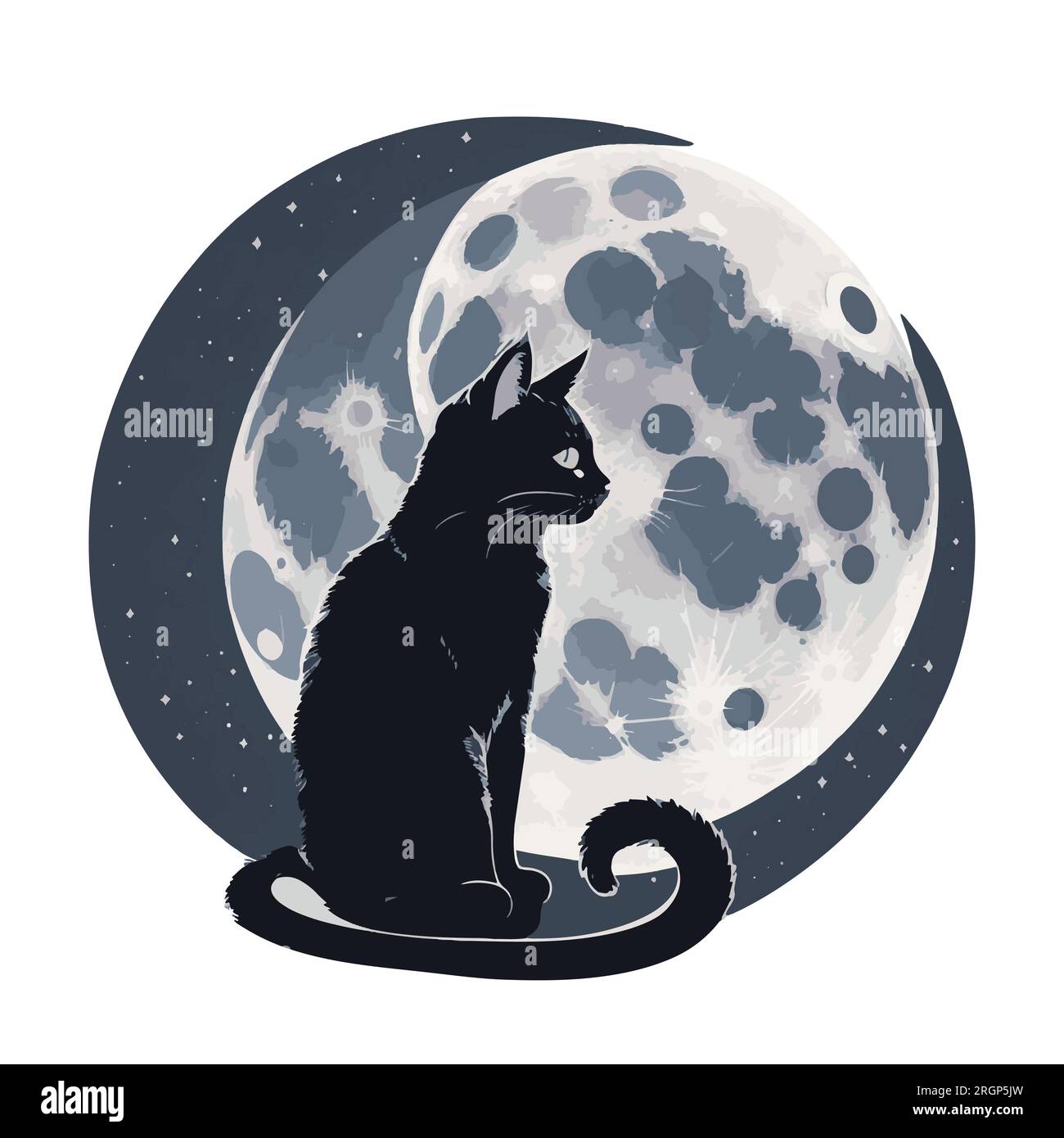 Eine schwarze Katze sitzt vor dem Hintergrund des Mondes. Mystische mysteriöse Illustration, Mystizismus. Vektor-isolierte Darstellung. Idealer Backgrou für Halloween Stock Vektor