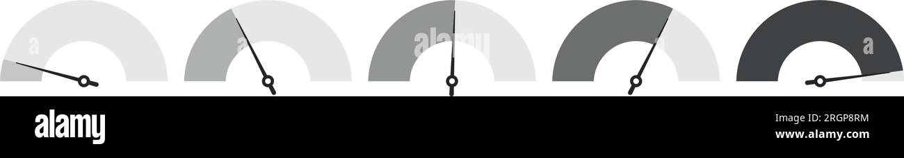 Tachometersymbol auf dem Armaturenbrett. Die Messuhr zeigt niedrige bis hohe Leistungspegel an. Flache Vektordarstellung isoliert auf weißem Hintergrund. Stock Vektor