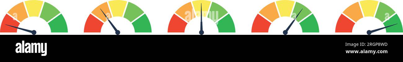 Tachometer zeigt den Fortschritt an. Messuhr mit hohem Risiko, die Geschwindigkeit und Punktzahl anzeigt. Infografikelement mit einer Balkenskala. Abbildung eines flachen Vektors Stock Vektor