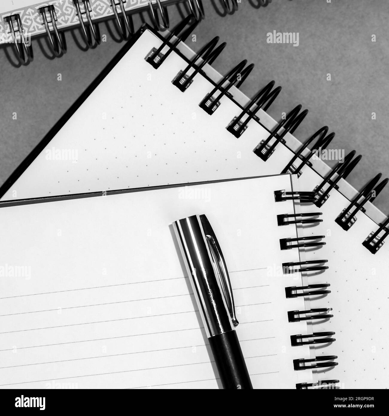Leerer offener Notizblock für Modellerstellung. Spiral-Copybook oder Organizer und schwarzer Stift. Stockfoto