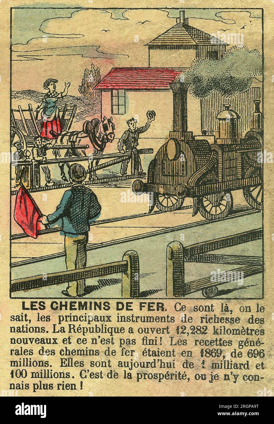 "Les Chemins de fer", Illustration des Actions de la IIle Republique construisant de nouvelles voies de chemins de fer. Gravure, in "Le Figaro, Supplement", le 30031889, Paris. Coll. Selva. Stockfoto