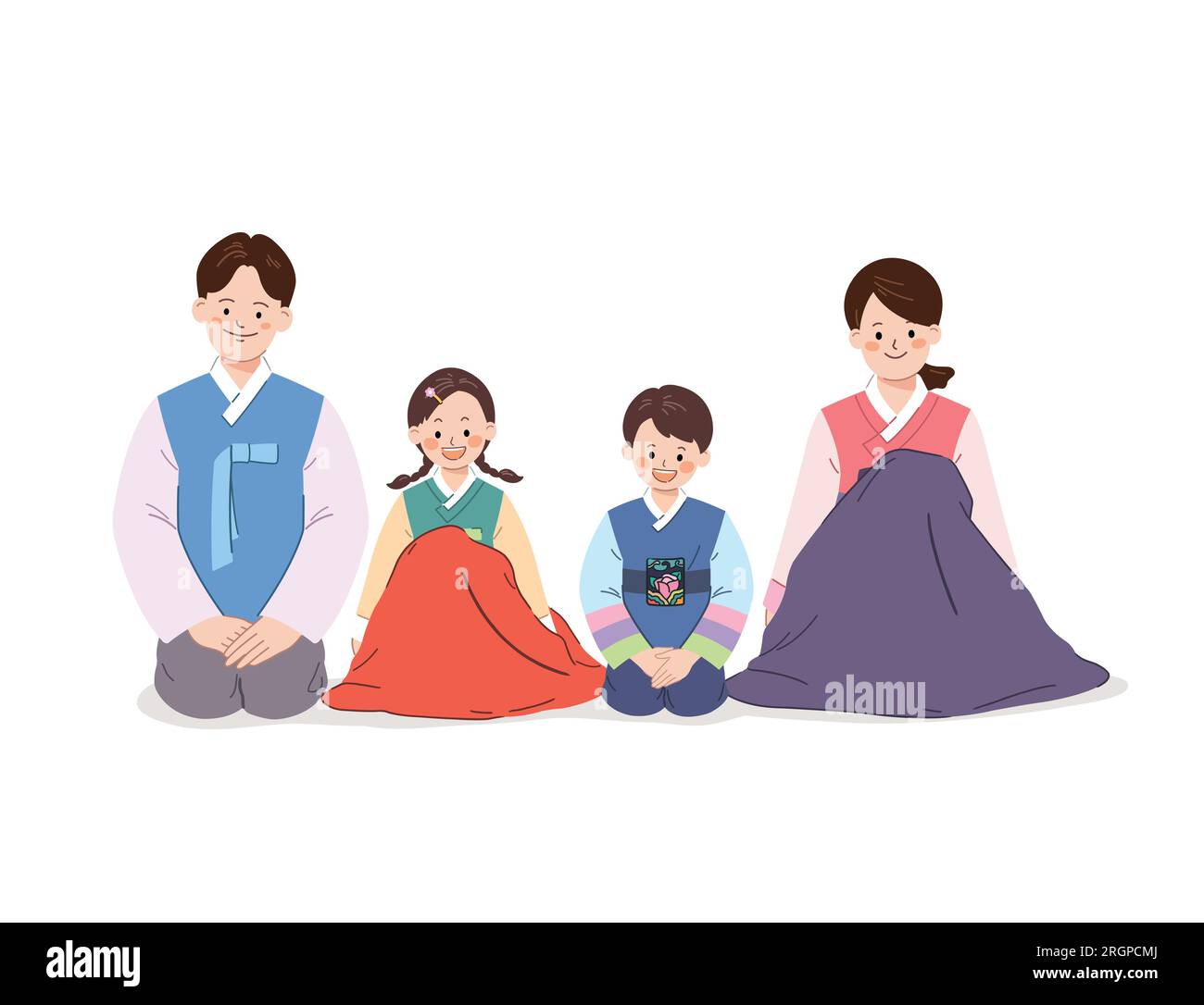 Die koreanische Familie sitzt zusammen und trägt traditionelles hanbok. Stock Vektor