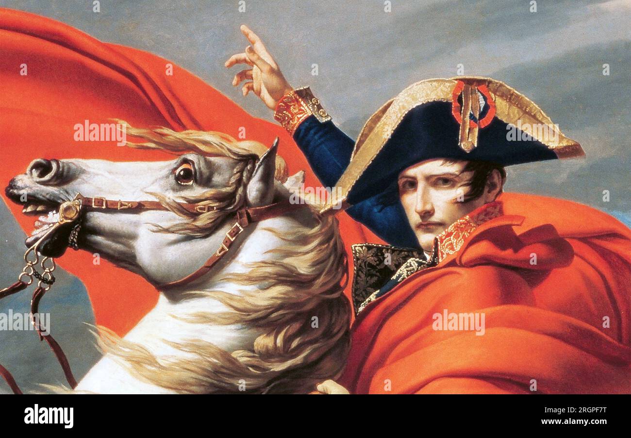NAPOLEON BONAPARTE (1769-1821) durch die Alpen. Detail des Gemäldes von Jacques-Louis David Stockfoto