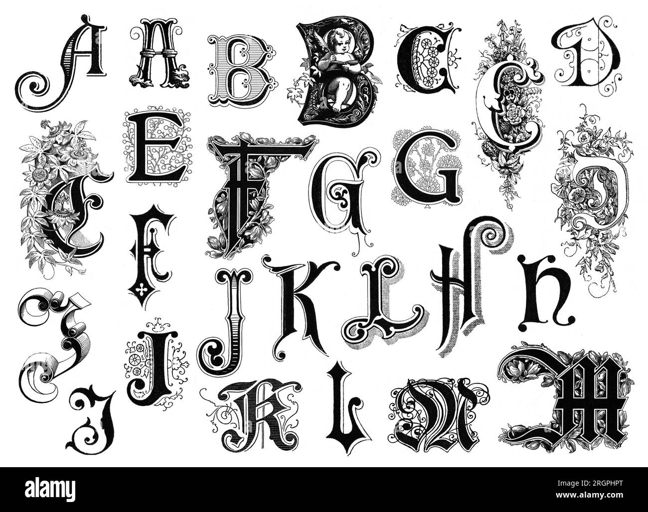 Romantisches Retro-Alphabet, kunstvolle Großbuchstaben/Initialen mit authentischem Briefdruck, isoliert über Transparenz, für Hochzeitsbriefe oder Collagen Stockfoto