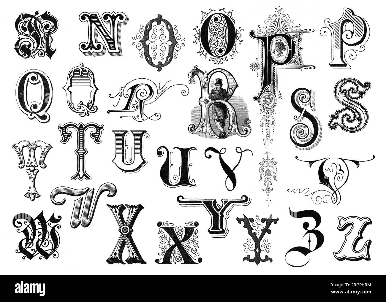 Romantisches Retro-Alphabet, kunstvolle Großbuchstaben/Initialen mit authentischem Briefdruck für Hochzeitsmonogramme, Buchkapitel oder Personalisierung Stockfoto