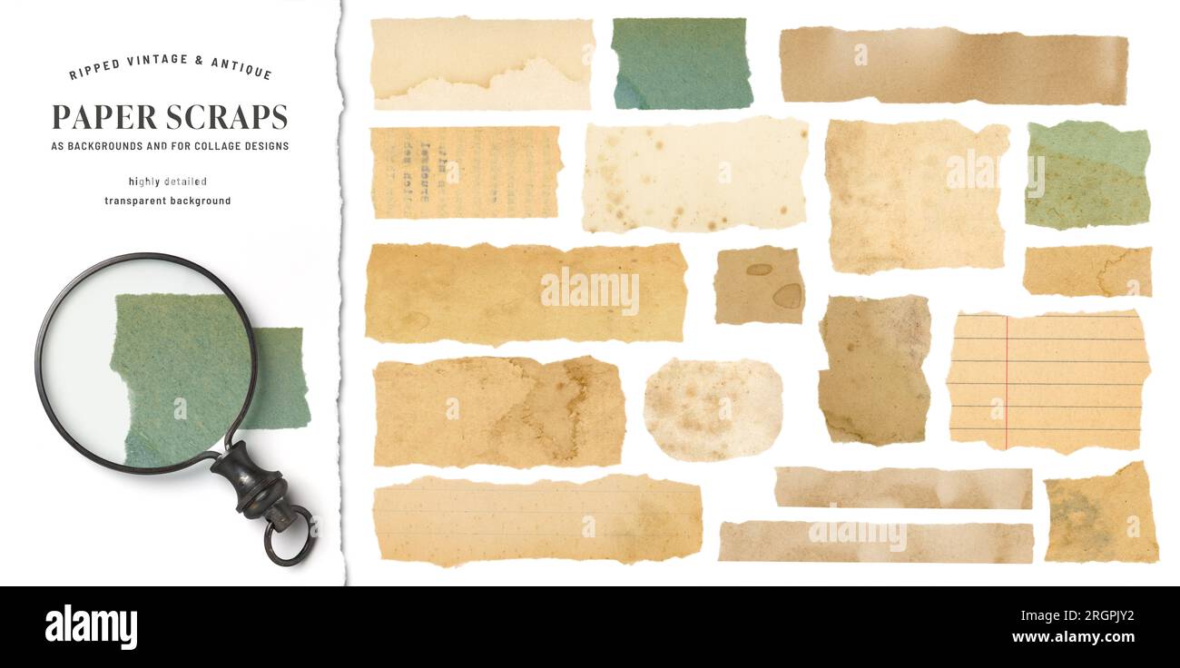 Alte und antik gefärbte Papierreste oder -Stücke, isoliert auf weißem Hintergrund, ideal für digitale Collagen oder als Basis für Text Stockfoto