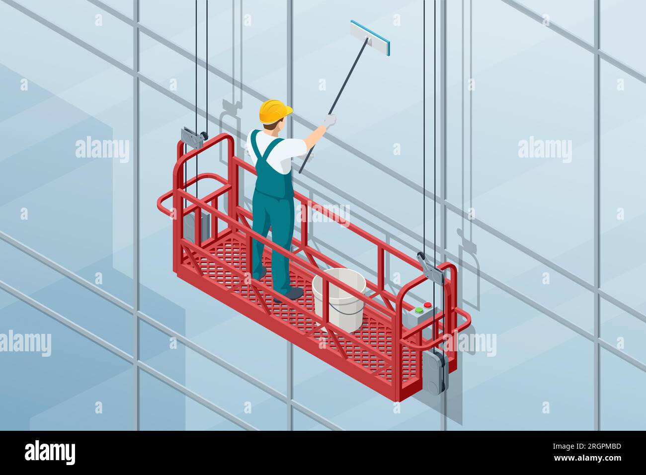 Isometrische professionelle Hochhaus-Fensterputzer in der Gondel. Saubere Fenster von Wolkenkratzern Stock Vektor