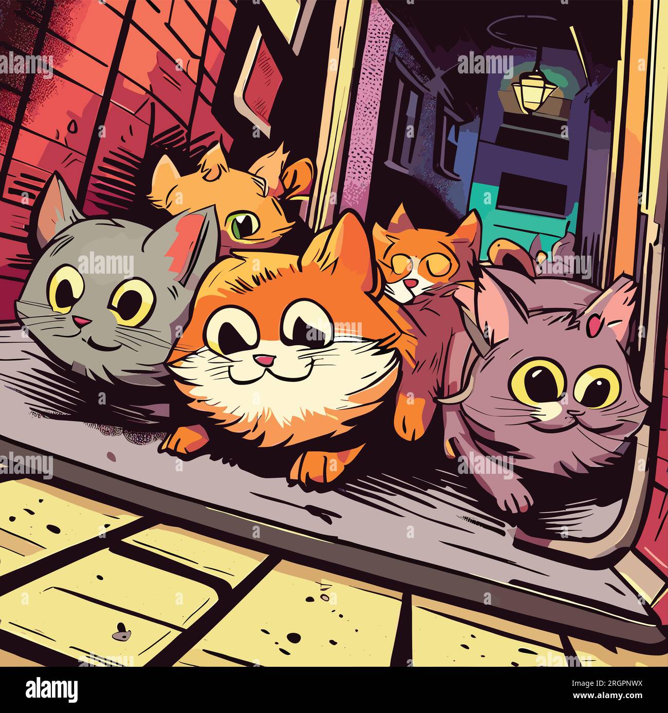 Eine Gruppe von Katzen, die im Comic-Stil umherstreifen Stock Vektor