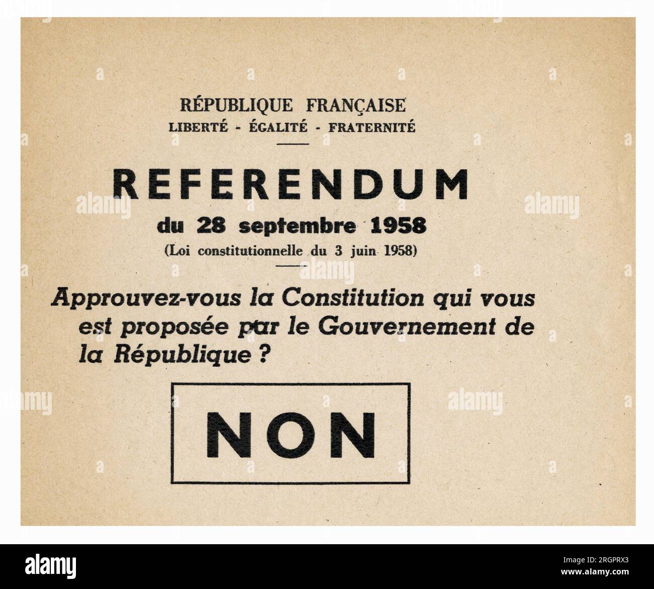 Bulletin de Abstimmung 'Non', pour le Referendum du 28 Juin 1958 pour une nouvelle Verfassung, proposee par le General Charles de Gaulle. Stockfoto
