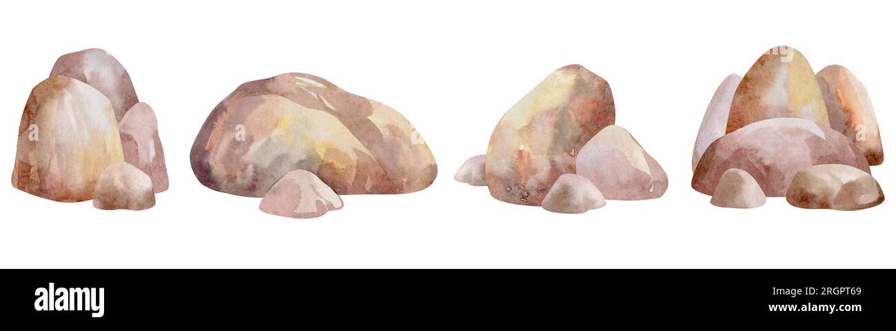 Aquarell geologische Steine, Illustrationen isolierter Steine auf weißem Hintergrund. Abstrakte geometrische Formen. Sammlung von Steinkonzepten. Stockfoto
