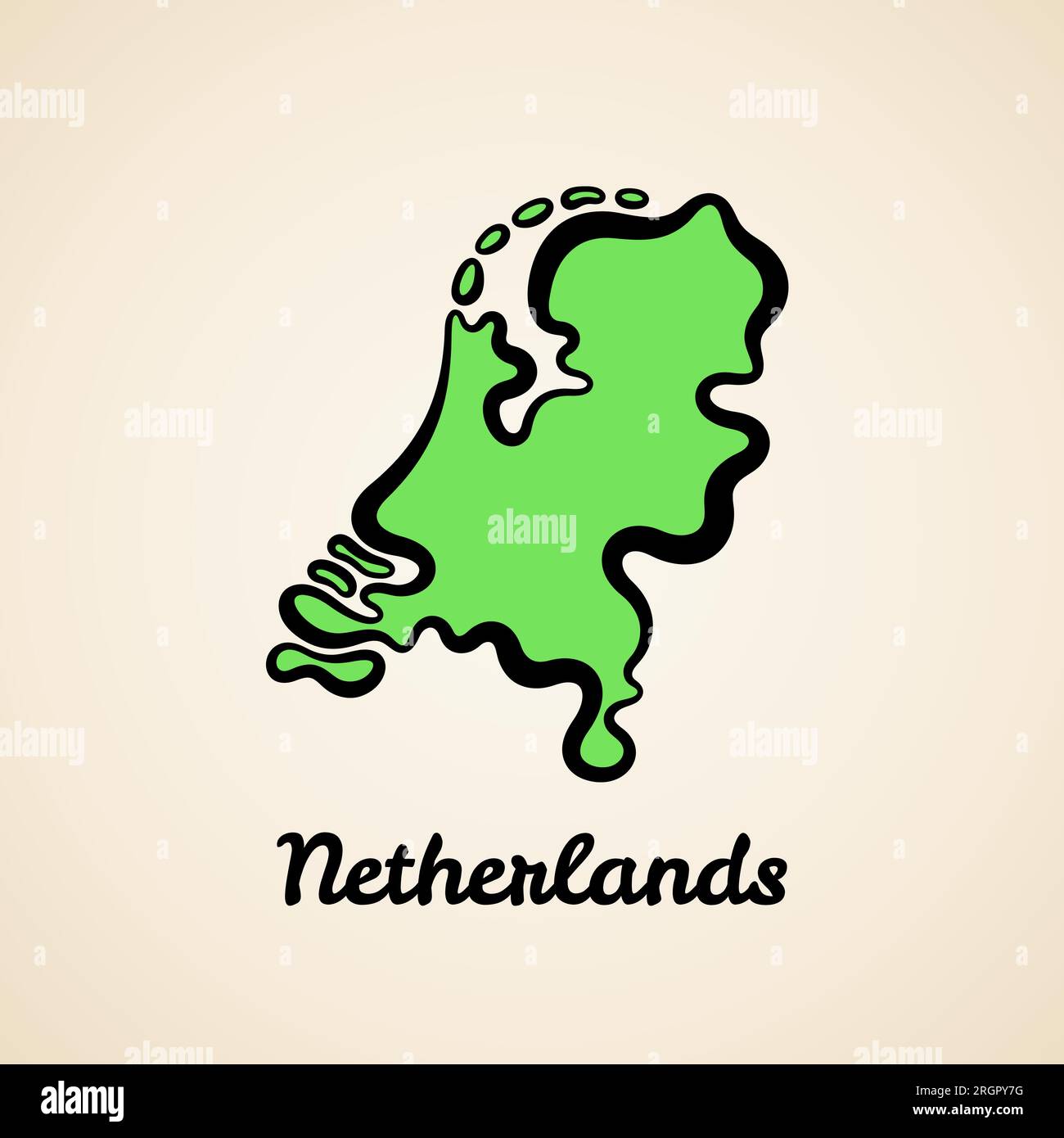 Grüne vereinfachte Karte der Niederlande mit schwarzer Umrandung. Stock Vektor