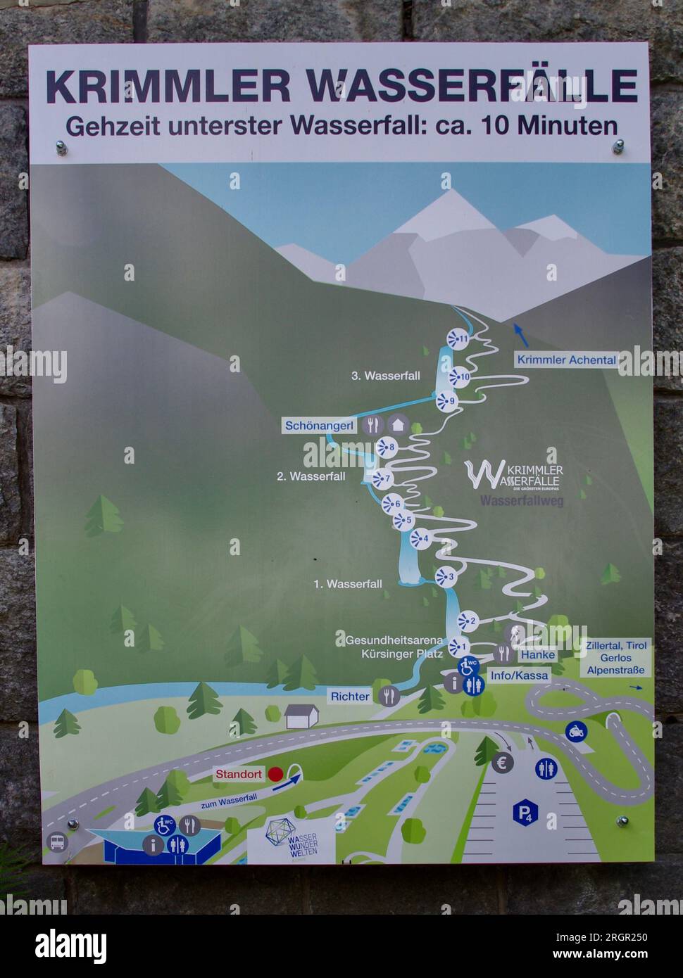 Krimml-Wasserfälle, Österreich, Ein Poster mit einer Karte der Krimml-Wasserfälle-Gegend. Stockfoto