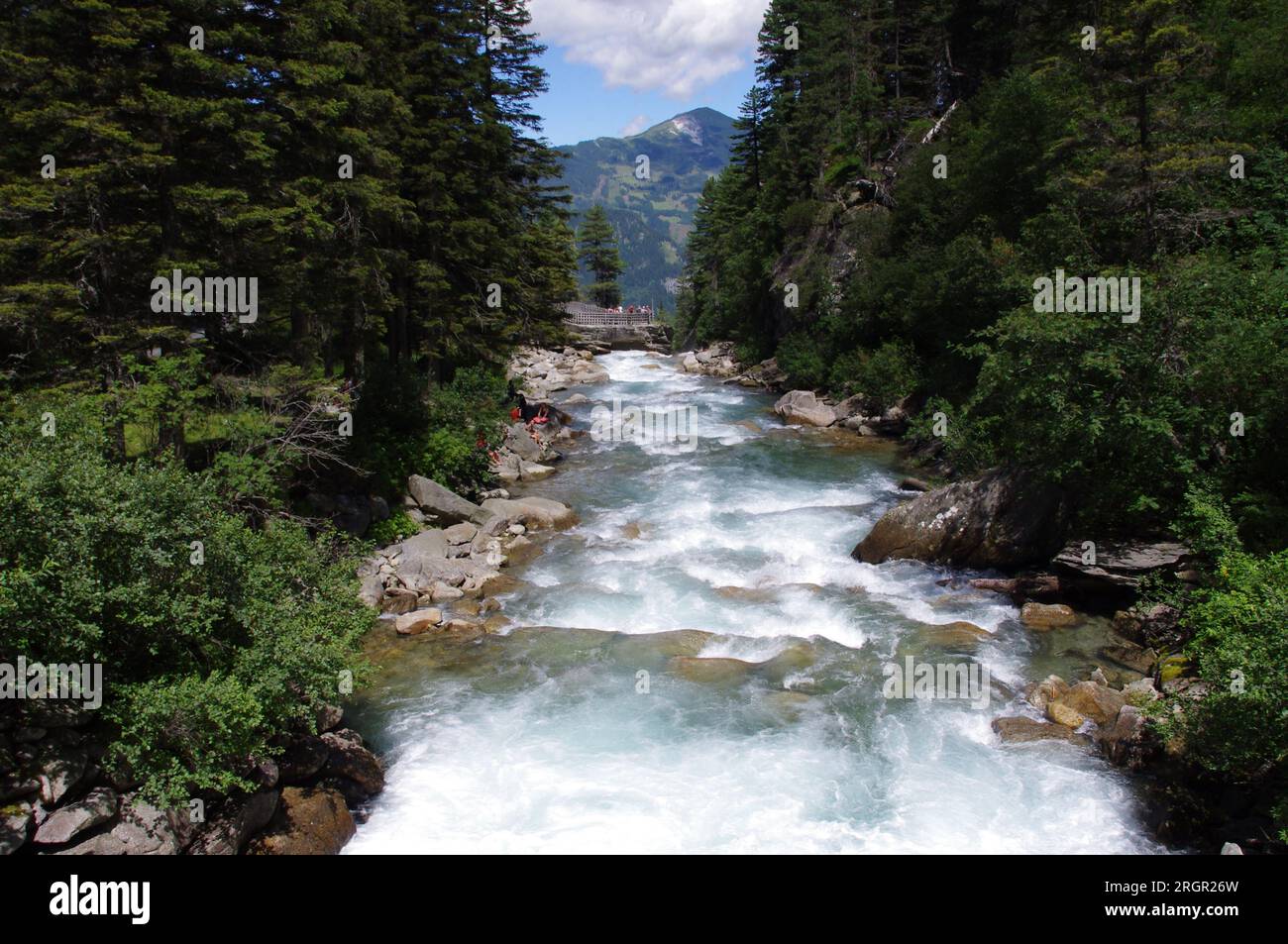 Der Fluss Krimmler Ache in der Nähe der Krimml-Warterfalls mit Bäumen und blauem Himmel. Stockfoto