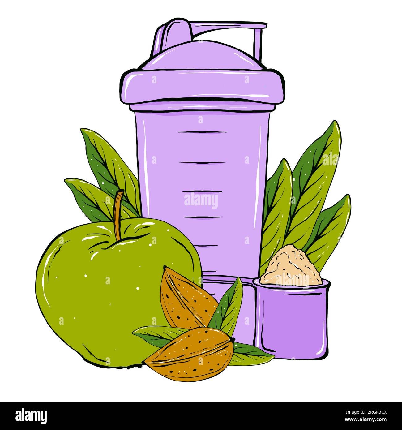 Sportnahrung, Fruchtzusammensetzungen, Schüttler, Nahrungsergänzungsmittel. Handgezeichnete Illustration. Stockfoto