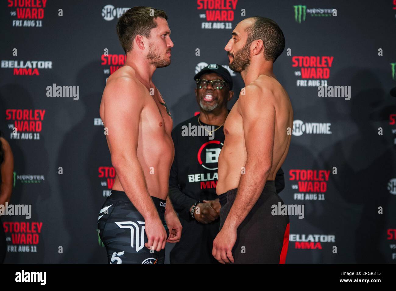 Sioux Falls, USA. 10. Aug. 2023. SIOUX FALLS, SOUTH DAKOTA - August 9.: (L-R) Sullivan Cauley und Hamza Salim treten vor ihrem Kampf auf dem Bellator 298 an. Sioux Falls, South Dakota, Usa. (Foto: Matt Davies/PxImages/Sipa USA) Guthaben: SIPA USA/Alamy Live News Stockfoto