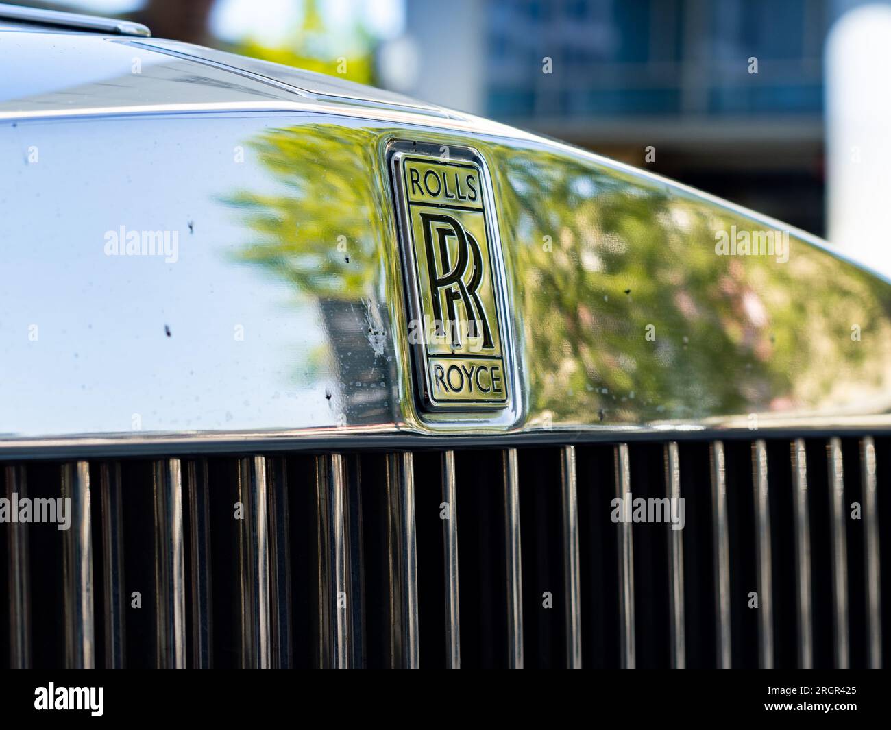 Rollt das Royce-Logo auf der Vorderseite eines Phantom Luxusautos. Die verchromte Oberfläche des Kühlergrills ist wie ein Spiegel mit toten Insekten. Stockfoto