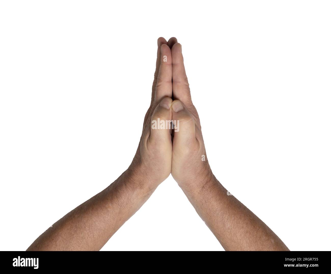 Zusammengefaltete Hände eines Mannes auf transparentem Hintergrund Stockfoto