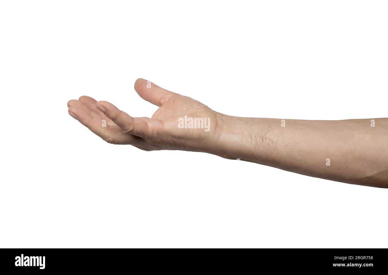 Eine männliche Hand mit der Handfläche nach oben auf einem transparenten Hintergrund Stockfoto