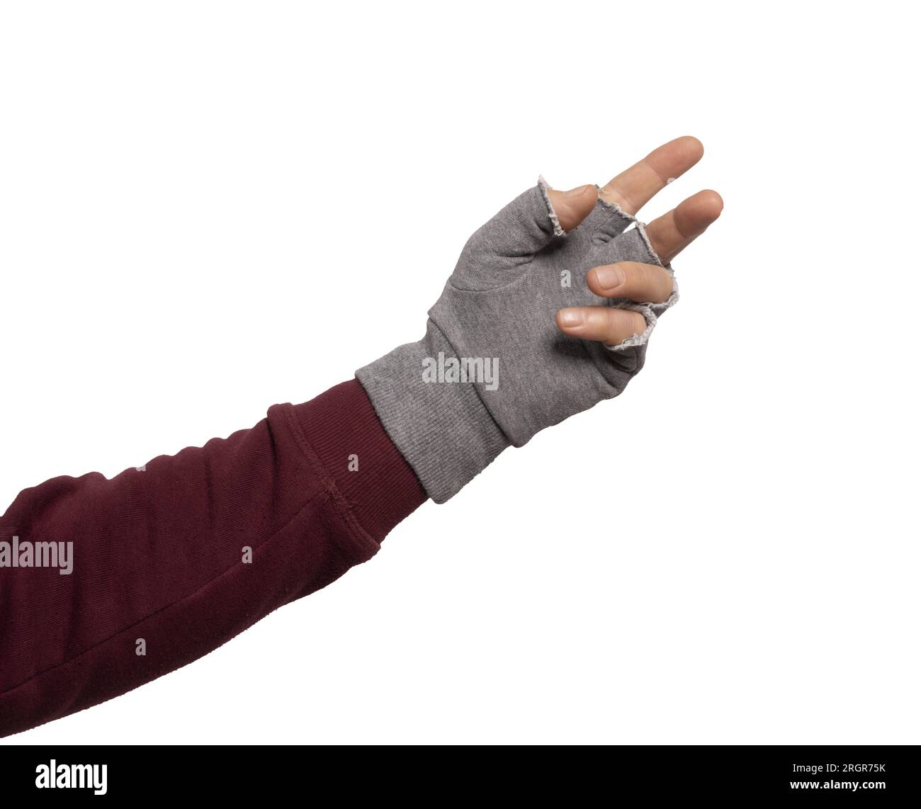 Eine Hand mit dem grauen fingerlosen Handschuh oder auf einem transparenten Hintergrund Stockfoto