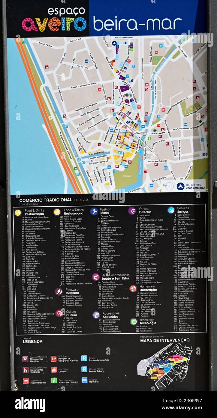 Karte und Sehenswürdigkeiten im Stadtzentrum von Aveiro mit Legende, Portugal Stockfoto