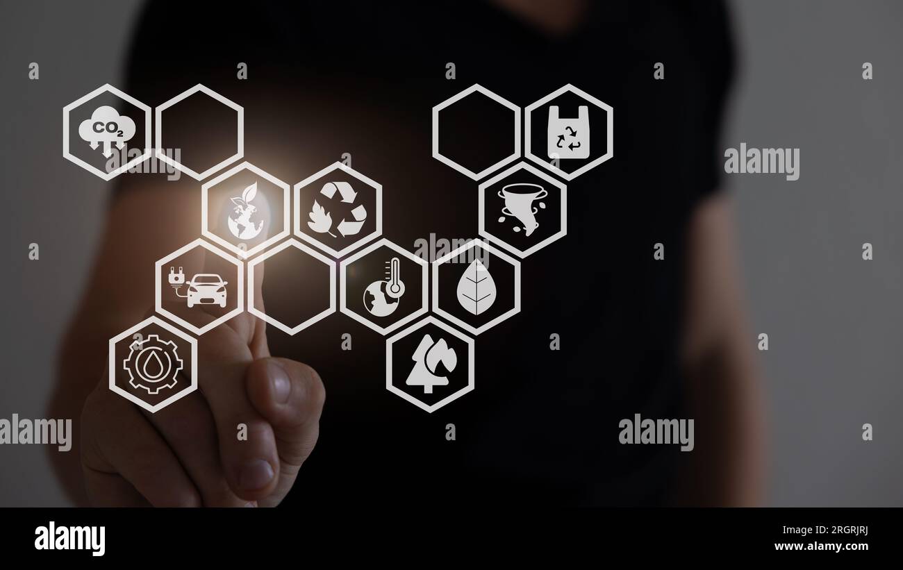 Konzept zur Reduzierung der CO2-Emissionen mit Symbolen, globale Erwärmung. Stockfoto