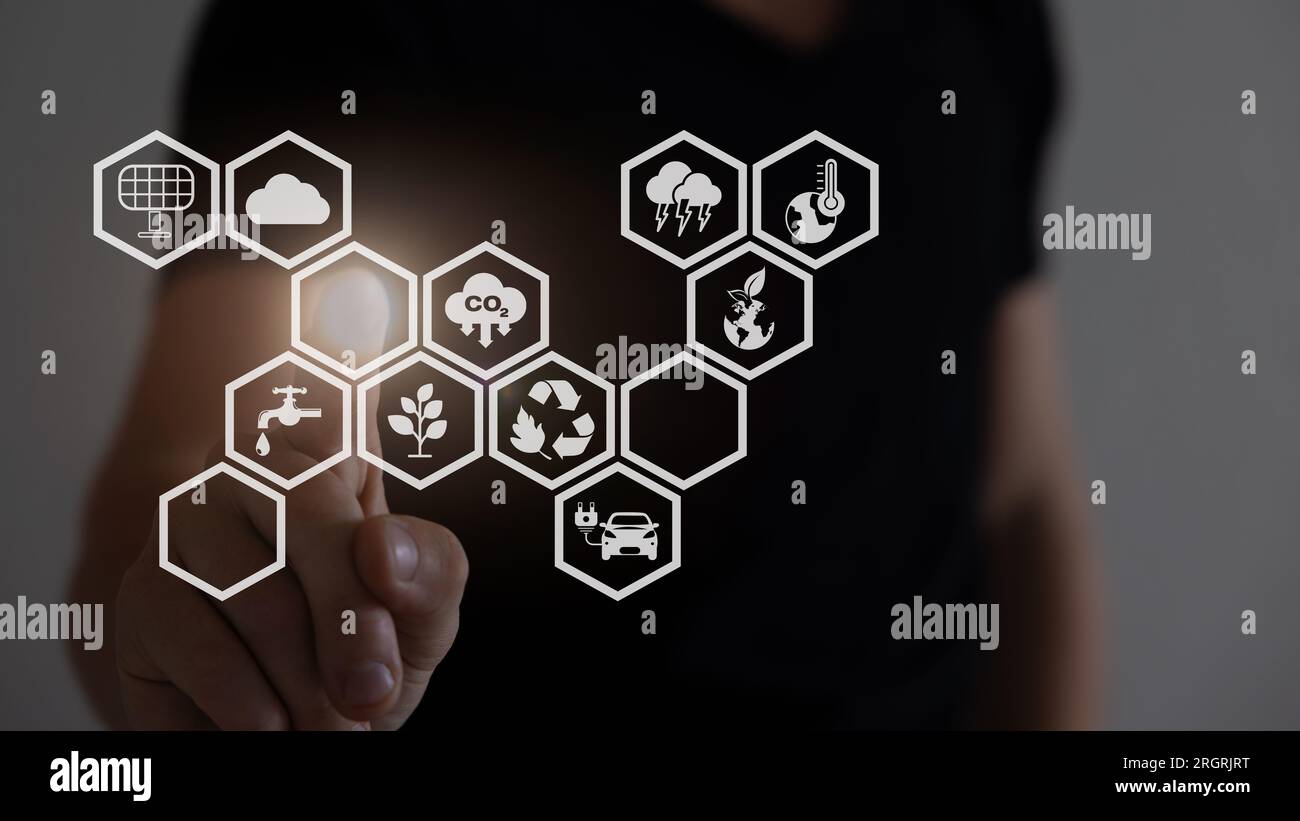 Konzept zur Reduzierung der CO2-Emissionen mit Symbolen, globale Erwärmung. Stockfoto