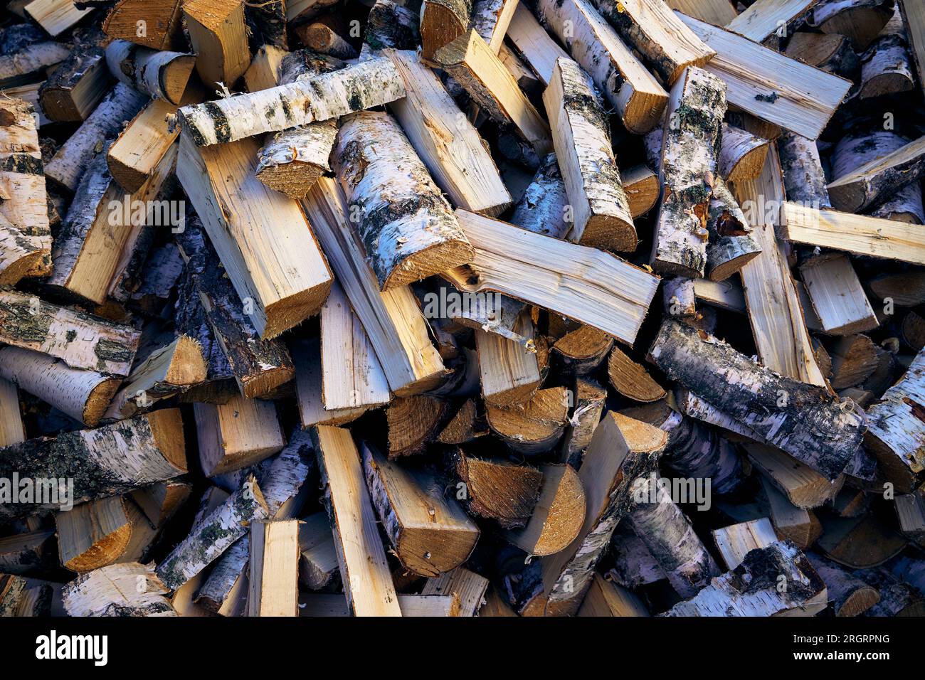 Birke gehacktes Brennholz auf einem Haufen. Oberer Lyer, Muster, grüner Buschhintergrund Stockfoto