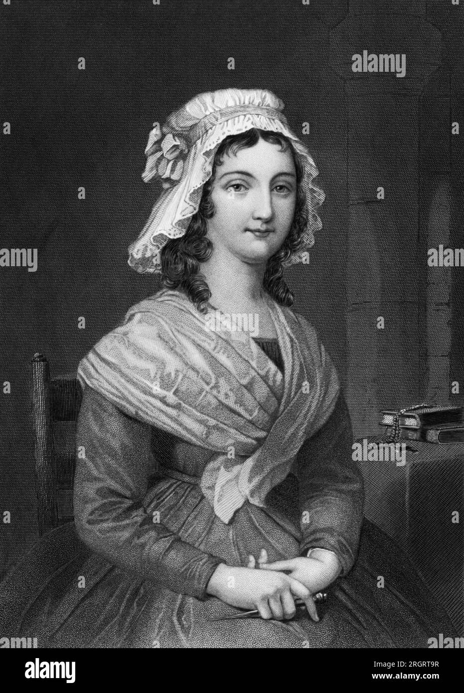 Frankreich: c: 1793 Porträt von Charlotte Corday mit einem Messer in der Hand. Sie tötete Jean-Paul Marat während der Französischen Revolution und wurde vier Tage später unter der Guillotine hingerichtet. Stockfoto